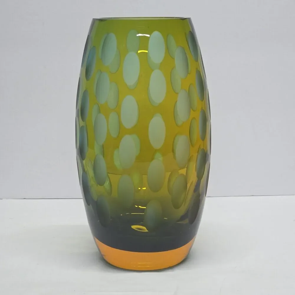 Vintage MCM Abstract Art Glass Vase Green & Amber Frosted Thumbprint - Picture 11 of 11